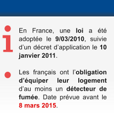 En France, une loi a été adoptée le 9/03/2010, suivie d’un décret d’application le 10 janvier 2011.   Les français ont l’obligation d’équiper leur logement d’au moins un détecteur de fumée. Date prévue avant le 8 mars 2015.