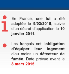En France, une loi a t adopte le 9/03/2010, suivie dun dcret dapplication le 10 janvier 2011.   Les franais ont lobligation dquiper leur logement dau moins un dtecteur de fume. Date prvue avant le 8 mars 2015.
